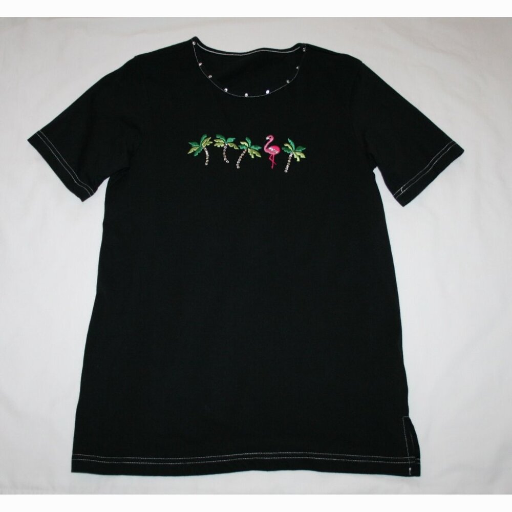 Black T-Shirt with Flamingo & Palm Tree Applique Small
